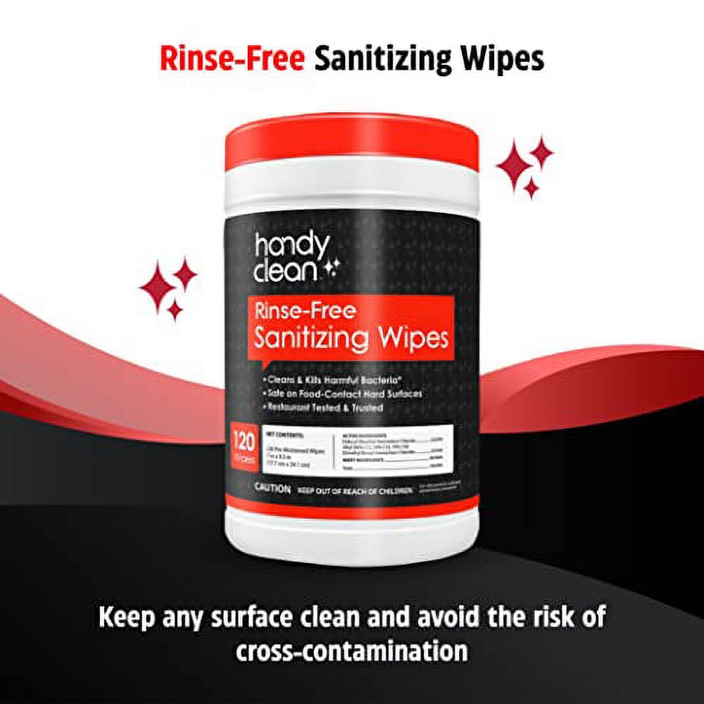 HandyClean Rinse Free Sanitizing Wipes, Surface Cleaner Wipes, Case of 6 Canisters 120 ct of 9