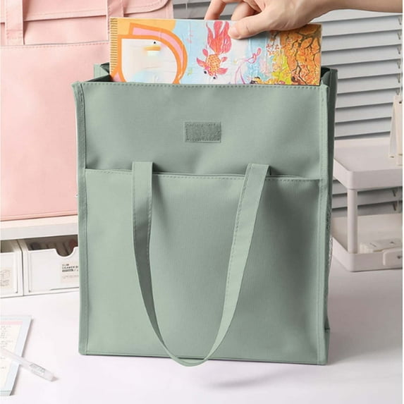 HandyHome Green Tote Bag for Kids Women, Large Utility Tote Bag with Side Pocket, Make-Up Pouch with Handles Zippered Handbag for School&Meeting, Daycare Bag Students Gifts School Office Supplies