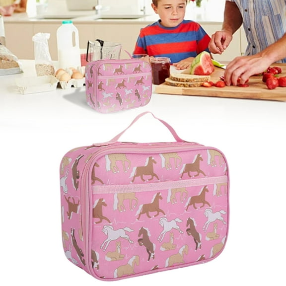 HandyHome Insulated Lunch Bag, Two-Way Zipper Insulated Lunch Box with Handle & Mesh Bag, Leakproof Bento Bag with Front Pocket, Cartoon Print Cooler Bag, Reusable Meal Tote Bag, Pink
