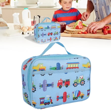 HandyHome Insulated Lunch Bag, Two-Way Zipper Insulated Lunch Box with Handle & Mesh Bag, Leakproof Bento Bag with Front Pocket, Cartoon Print Cooler Bag, Reusable Meal Tote Bag, Sky Blue