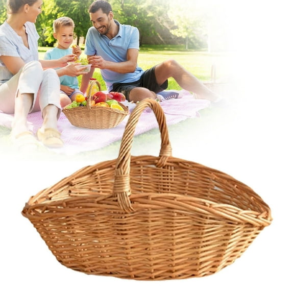 HandyHome Large Capacity Wicker Basket with Handle, 10×8×14In Rattan Harvest Basket Woven Picnic Basket Handmade Willow Gathering Basket for Vegetables Fruits Garden, Neatly Rounded Exquisite Braid