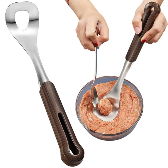 HandyHome Manual Meatball Maker Spoon, Stainless Steel Meatball Spoon Maker Portioning Tool with Wood Pattern Handle, Practical Kitchen Gadget For Minced Beef, Pork and Poultry Food Prep