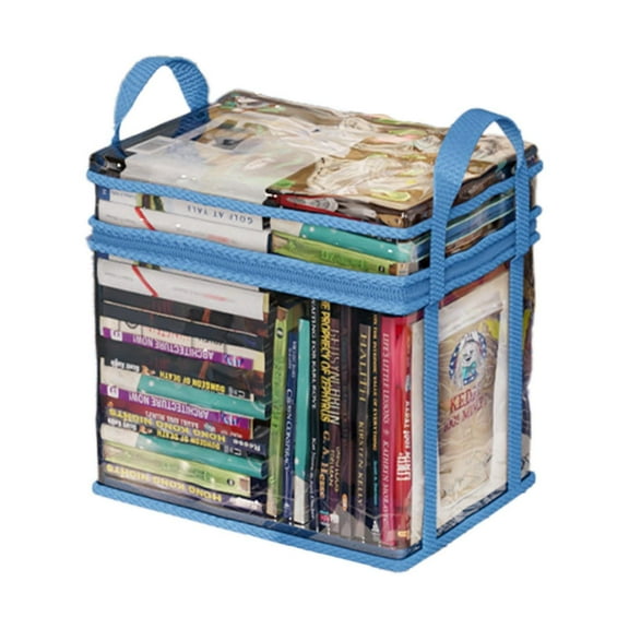 HandyHome Transparent Book Storage Bag(Blue), Student Comic Book Storage Box with Lid&Lifting Handle Collapsible Book Display Case, 9'' L/6.6'' W/9'' H Clear Book Storage Box for Toys, Books