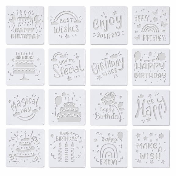 HandyJoy 16 Pieces Birthday Drawing Templates, 5.9x5.9 Inch Reusable Stencils for Cakes, Painting on Wood, Wall, Canvas