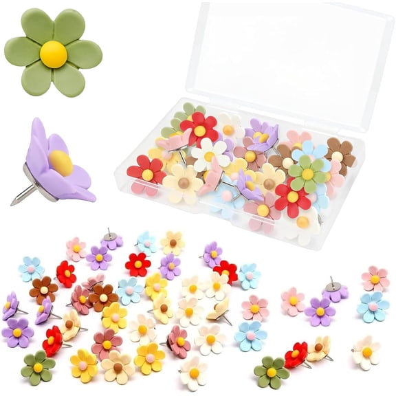 HandyJoy 60 Pcs Flower Push Pins with Storage Box, Decorative Floral Thumb Tacks for Cork Board Bulletin Board Photo Wall  Assorted Colors