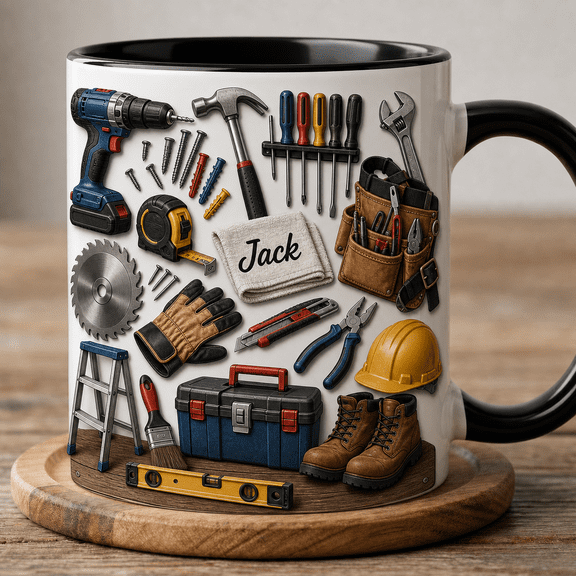 Handyman Mug Custom Accent Mug, Personalized Tools Gift for Dad, Contractor, DIY Fixer 2D flat not 3D, Accent Mug, Father Days Gift, Gif For Dad, Mug For Daddy