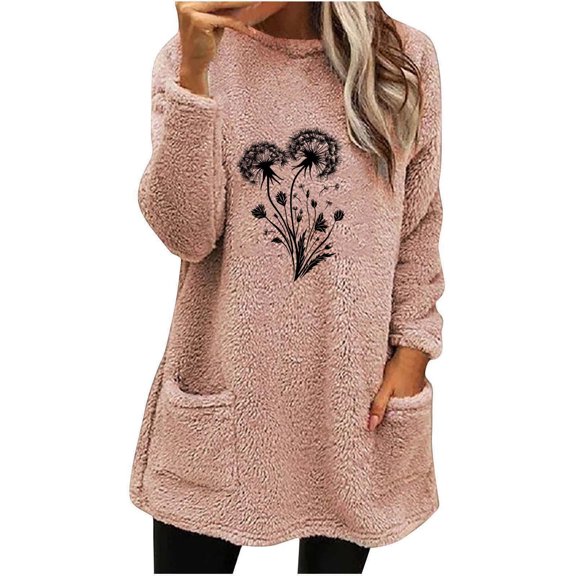 Hanen Long Sleeve Womens Tops Casual Women's Round Neck And Winter Loose Solid Pocket Warm Long Sleeve Blouse Top Athletic Sweatshirts for Women