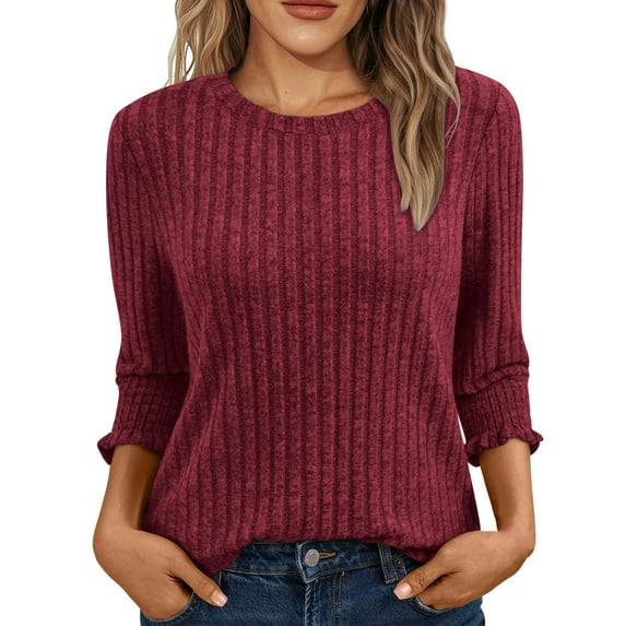 Hanen Long Sleeve Womens Tops Casual Women's Solid Color Tees Casual Round Neck 3/4 Sleeve Loose T Shirt Ladies Tops Blouses Athletic Sweatshirts for Women