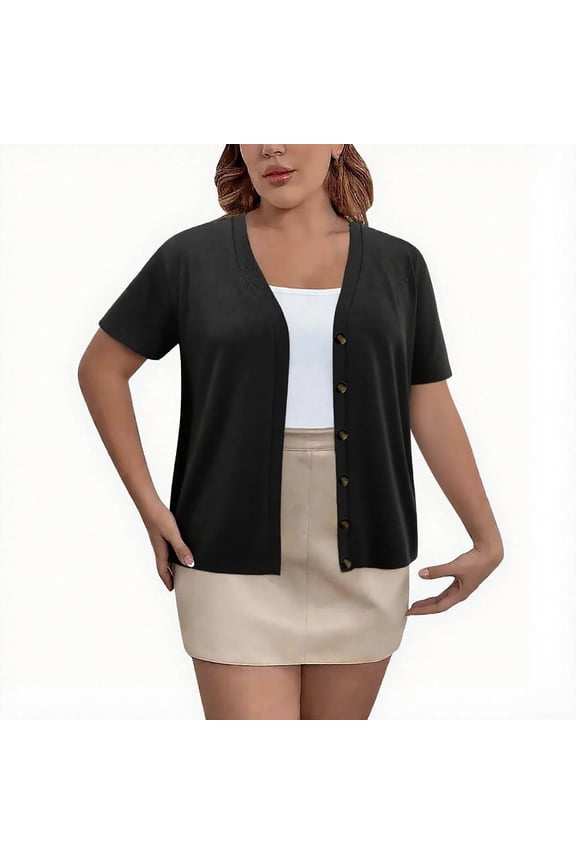 Plus Size Cardigan for Women - Lightweight Short Sleeve V Neck Button Down Cropped Sweater, Slightly Elastic Open Front Crochet Knit Bolero Shrug, Casual Basic Cardigan Tops