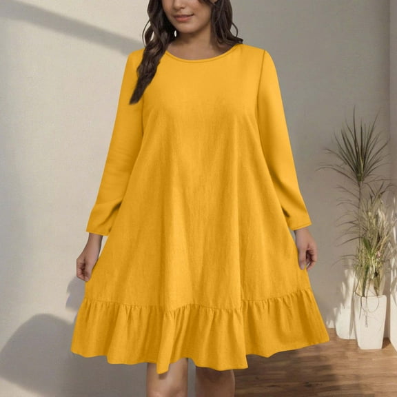 Hanen Plus Size Solid Color Baby Doll Dress - Women's Long Sleeve Round Neck Casual Sundress with Ruffle Hem, Oversized Flowy Beach Dress