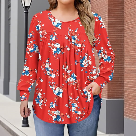 Hanen Plus Size Tops for Women Fall Long Sleeve Shirts Flowy Tunic Top Pleated Casual Blouses Loose Fit Tees