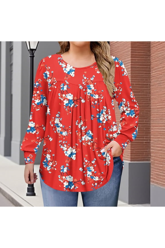 Plus Size Tops for Women Fall Long Sleeve Shirts Flowy Tunic Top Pleated Casual Blouses Loose Fit Tees