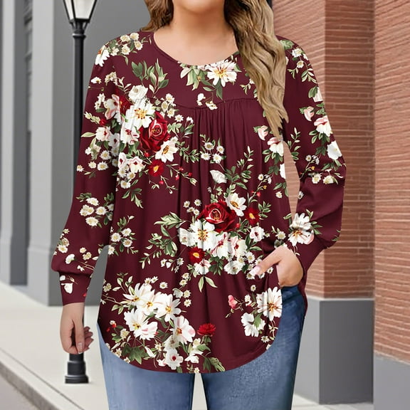 Hanen Plus Size Tops for Women Fall Long Sleeve Shirts Flowy Tunic Top Pleated Casual Blouses Loose Fit Tees