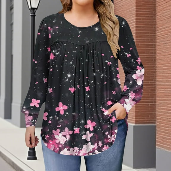 Hanen Plus Size Tops for Women Fall Long Sleeve Shirts Flowy Tunic Top Pleated Casual Blouses Loose Fit Tees