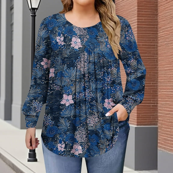 Hanen Plus Size Tops for Women Fall Long Sleeve Shirts Flowy Tunic Top Pleated Casual Blouses Loose Fit Tees