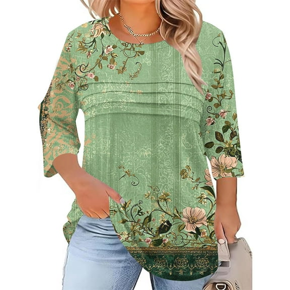 Hanen Plus Size Women Blouses 3/4 Length Sleeve Tops Crewneck Pleated Casual Tees Shirts