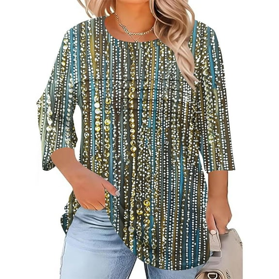 Hanen Plus Size Women Blouses 3/4 Length Sleeve Tops Crewneck Pleated Casual Tees Shirts