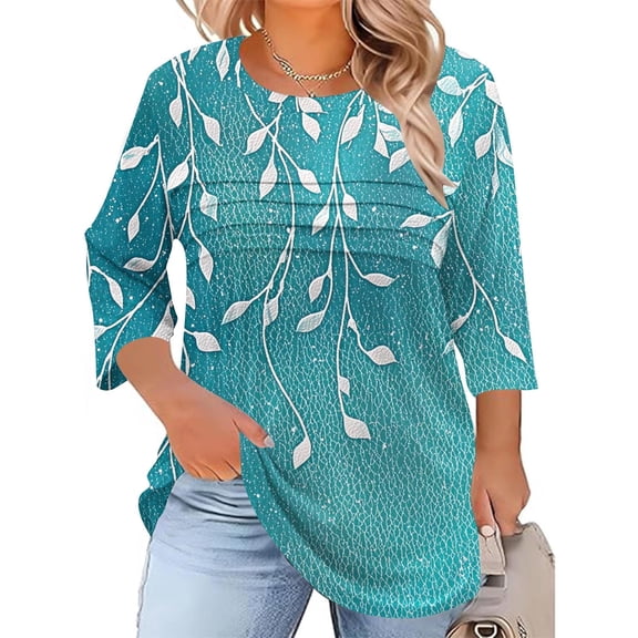Hanen Plus Size Women Blouses 3/4 Length Sleeve Tops Crewneck Pleated Casual Tees Shirts