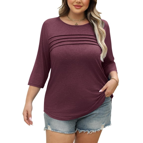 Hanen Plus Size Women Blouses 3/4 Length Sleeve Tops Crewneck Pleated Casual Tees Shirts