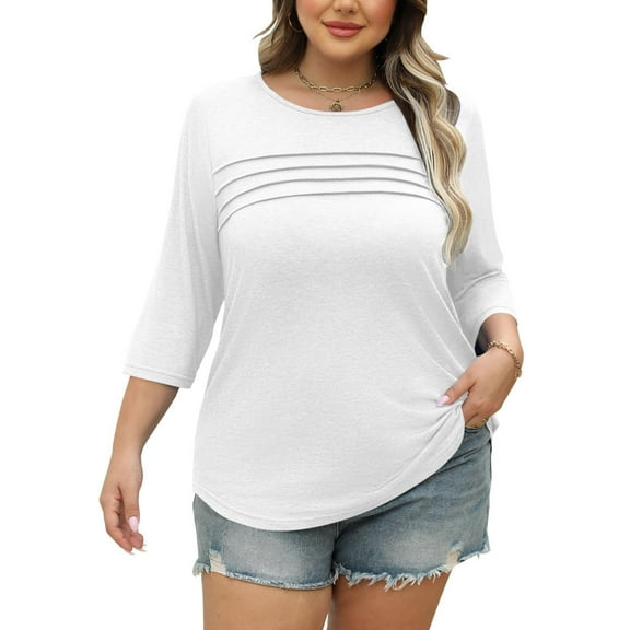 Hanen Plus Size Women Blouses 3/4 Length Sleeve Tops Crewneck Pleated Casual Tees Shirts
