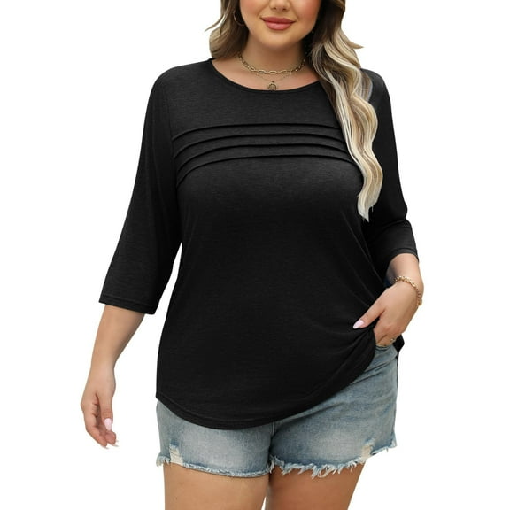 Hanen Plus Size Women Blouses 3/4 Length Sleeve Tops Crewneck Pleated Casual Tees Shirts
