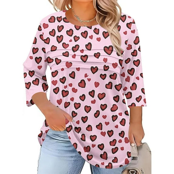 Hanen Plus Size Women Blouses 3/4 Length Sleeve Tops Crewneck Pleated Casual Tees Shirts