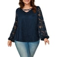 thumbnail image 1 of Hanen Plus Size Women's Cross V Neck Sheer Double Layers Long Sleeve Lace Blouse Tops, 1 of 8