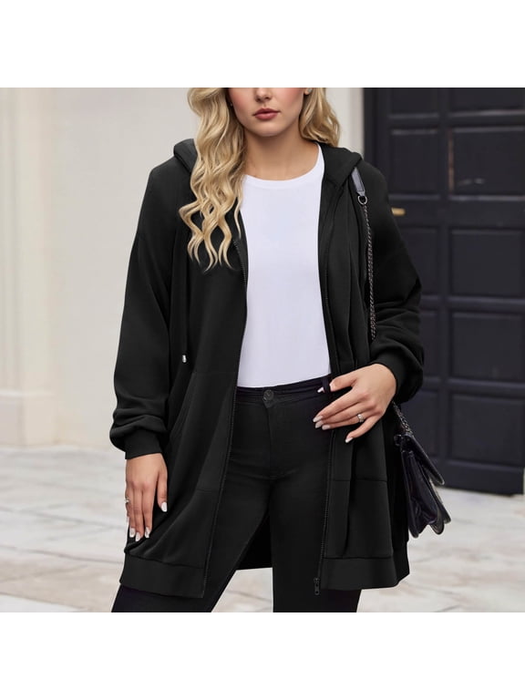 Plus Size Women's Zip Up Hoodies Oversized Fleece Long Tunic Sweatshirts Casual Long Sleeve Fall Hoodie Jacket Coat