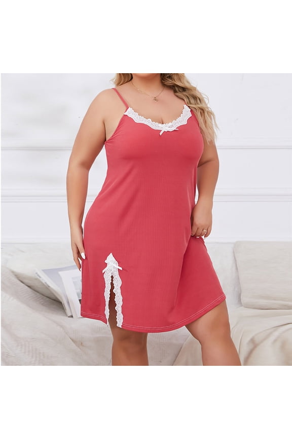 Plus Size Womens Dresses Sexy Lace Babydoll Nightgown with V-Neck & Slits - Plus Size Chemise Sleepwear for Women (Sleeveless Ribbed Knit, Lingerie Nightdress, Large Size Mini Dress)