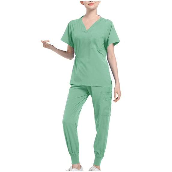 Hanen Scrubs Set for Women Nurse Uniform Jogger Classic V-neck Scrub Top & Jogger Scrub Pants Scrubs Set