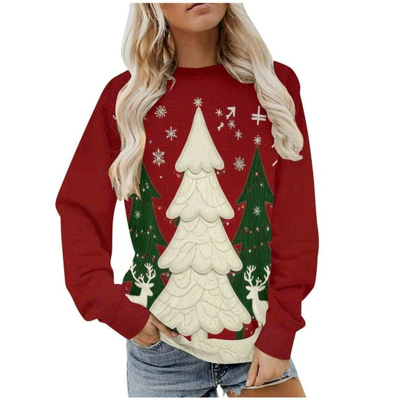 Hanen Unisex 2025 Christmas Sweatshirt -Athletic Sweatshirts-Vintage Printed Fleece Top with Xmas Tree/Reindeer, Cozy Crewneck Long Sleeve for Men & Women