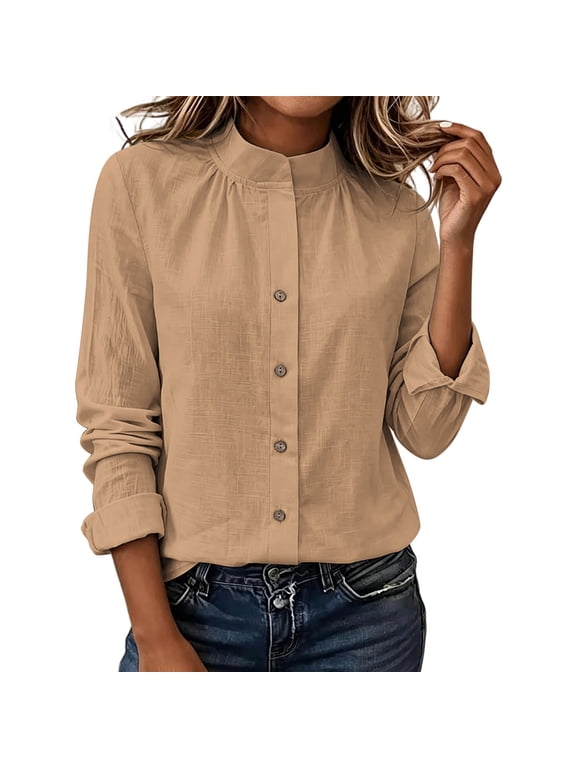Women Cotton Linen Button Down Top, Mock Neck Long Sleeve Solid Dressy Blouse Casual Office Teacher Work Linen Shirt