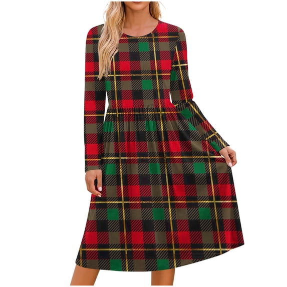 Hanen Women Floral Long Sleeve Crewneck Midi Dress, Loose A-Line Swing Flare Tshirt Dress with Pockets, Lightweight Casual Summer Fall Vacation Church Semi-Formal Outfit
