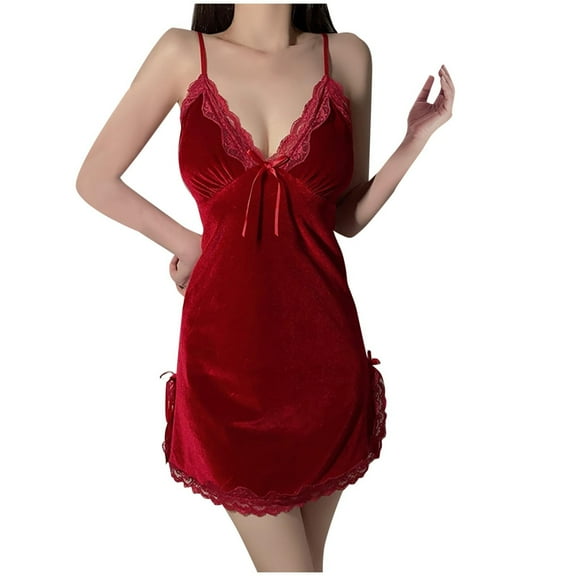 Hanen Women Lingerie Built-in Chest Nightgown Sexy Lace Deep-V Corset Velvet Backless Nightdress Sleepwear Women