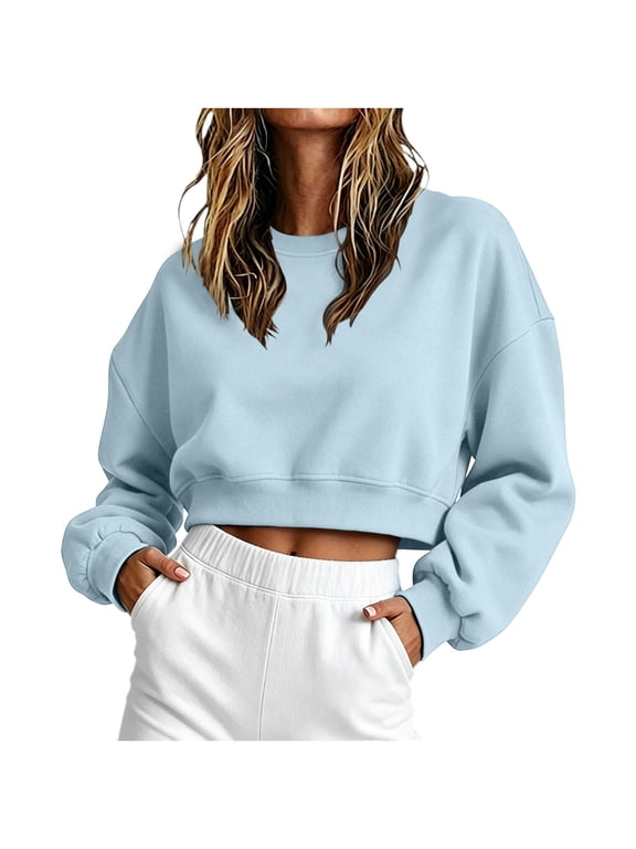 Women Oversized Boxy Cropped Sweatshirt, Cotton Fleece Crewneck Long Sleeve Lightweight Y2K Athleisure Loungewear Pullover Top