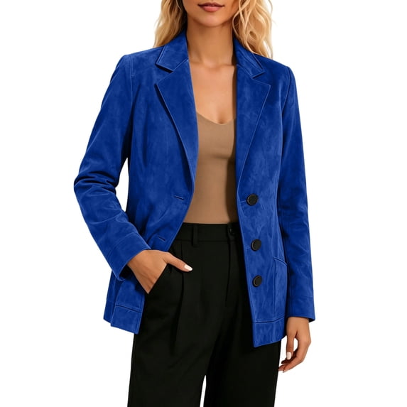 Hanen Women Vintage Faux Suede Velvet Blazer, Long Sleeve Notched Lapel Pocket Suit Jacket Open Front Single Breasted Casual Work Office Coat