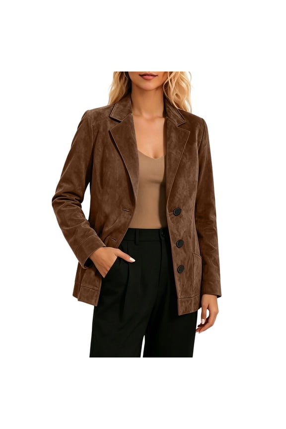 Women Vintage Faux Suede Velvet Blazer, Long Sleeve Notched Lapel Pocket Suit Jacket Open Front Single Breasted Casual Work Office Coat