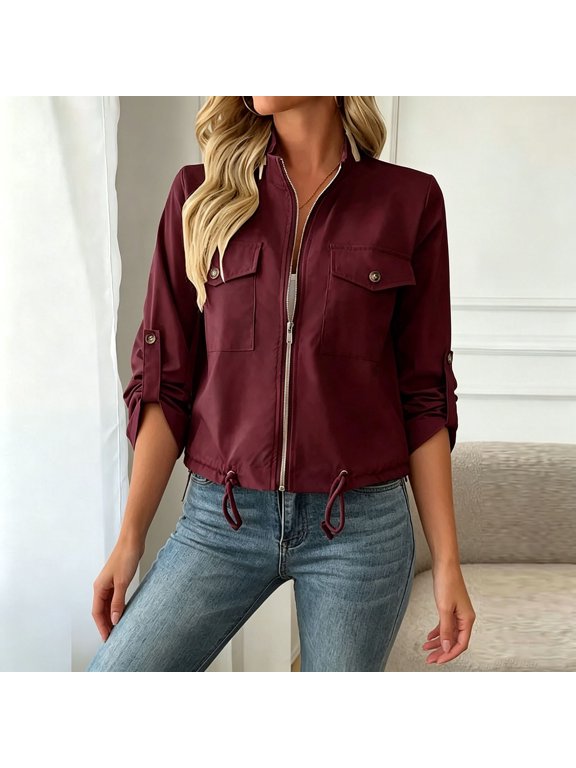 Women Zip Up Cropped Bomber Jacket, Stand Collar Lightweight Oversized Utility Anorak Coat with Pockets, Adjustable Trendy Streetwear Travel Hiking Casual Short Outerwear