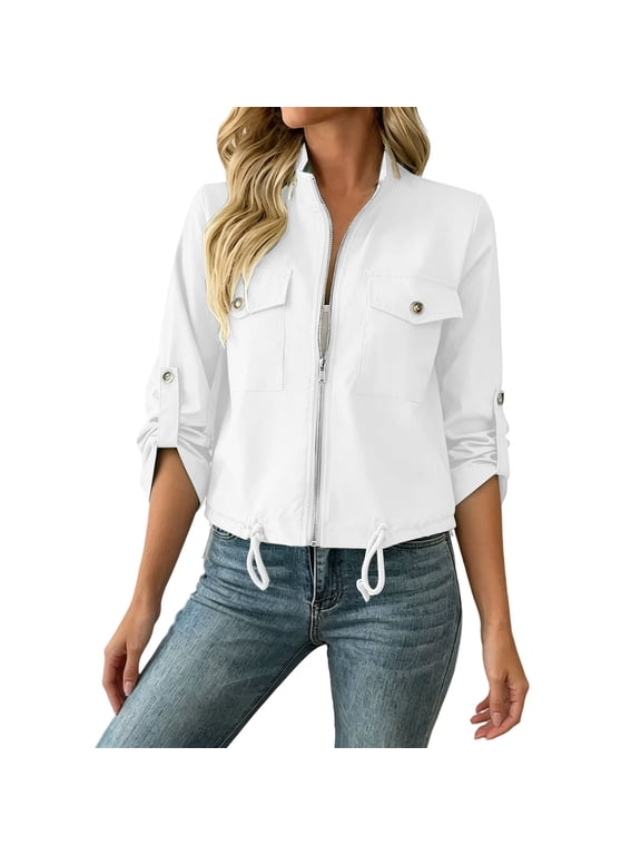 Women Zip Up Cropped Utility Anorak Jacket, Roll Tab Sleeve Drawstring Hem Coat with Flap Pockets, Lightweight Oversized Casual Outerwear for Ladies Daily Outfits