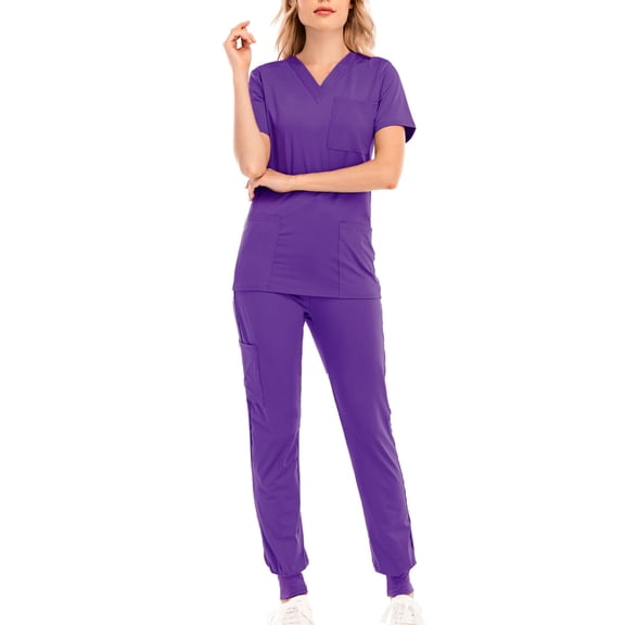 Hanen Women's Essential Jogger Scrub Set Nursing Uniform Clearance Cool Stretch Scrub Top and Pant Workwear with 4 Pockets