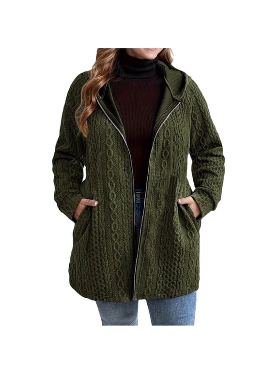 Women's Jacquard Zip Hooded Cardigan - Oversized Long Sleeve Trench Coat with Pockets, Fall/Winter Fashionable Casual Jacket (Plus Size Cable Knit Sweater & Tunic Sweatshirt)