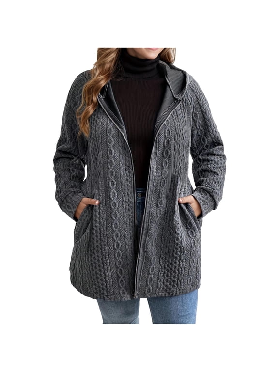 Women's Jacquard Zip Hooded Cardigan - Oversized Long Sleeve Trench Coat with Pockets, Fall/Winter Fashionable Casual Jacket (Plus Size Cable Knit Sweater & Tunic Sweatshirt)