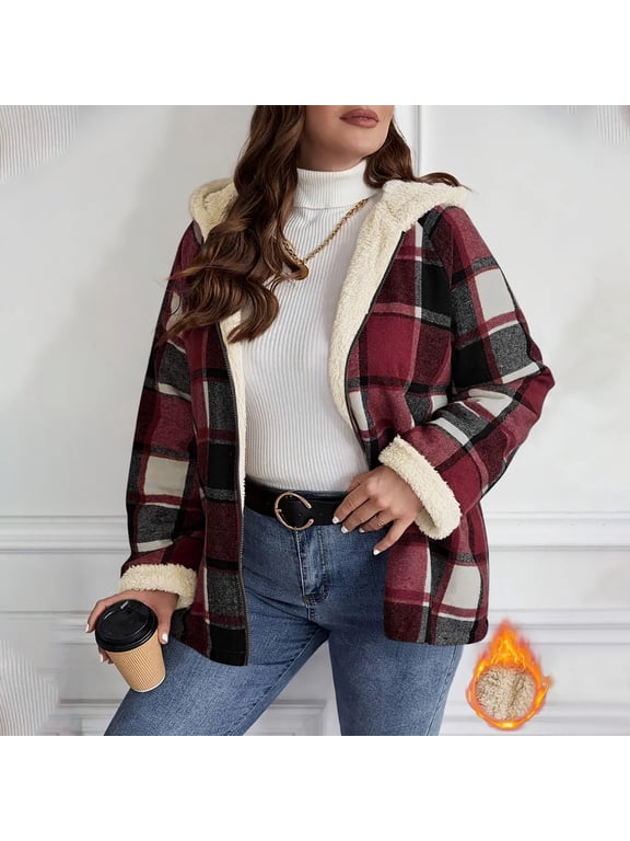 Women's Oversized Plaid Shacket Jacket - Sherpa Lined Flannel Zip Up Coat with Hood, Long Sleeve Fleece Jacket for Winter, Casual Outwear with Pockets, Warm Oversized Hooded Coat