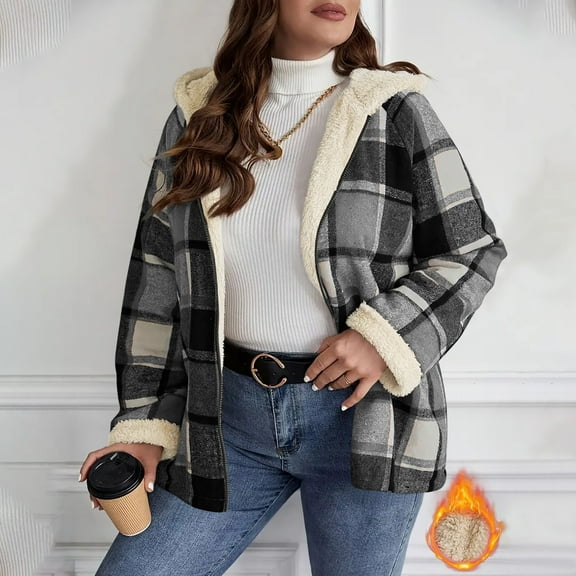 Hanen ‌Women's Oversized Plaid Shacket Jacket - Sherpa Lined Flannel Zip Up Coat with Hood, Long Sleeve Fleece Jacket for Winter, Casual Outwear with Pockets, Warm Oversized Hooded Coat