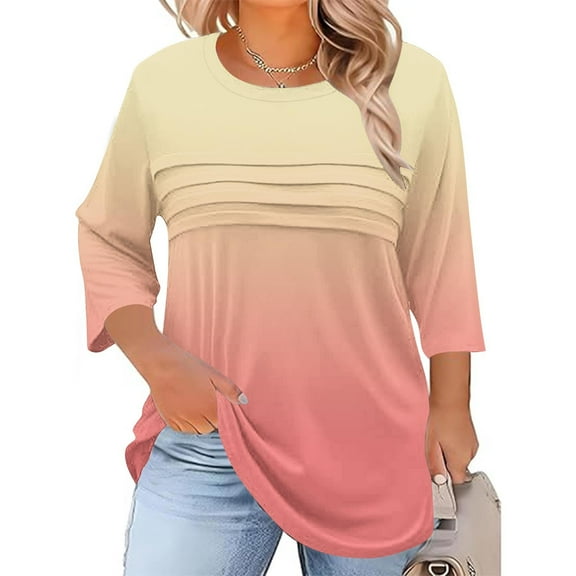 Hanen Women's Plus Size 3/4 Sleeve Tunic Shirt - Striped Printed Crewneck Top with Pleated Hem, Lightweight Soft Fall Blouse (Loose Fit Gradient Color Casual Tee)