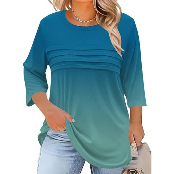 Hanen Women's Plus Size 3/4 Sleeve Tunic Shirt - Striped Printed Crewneck Top with Pleated Hem, Lightweight Soft Fall Blouse (Loose Fit Gradient Color Casual Tee)