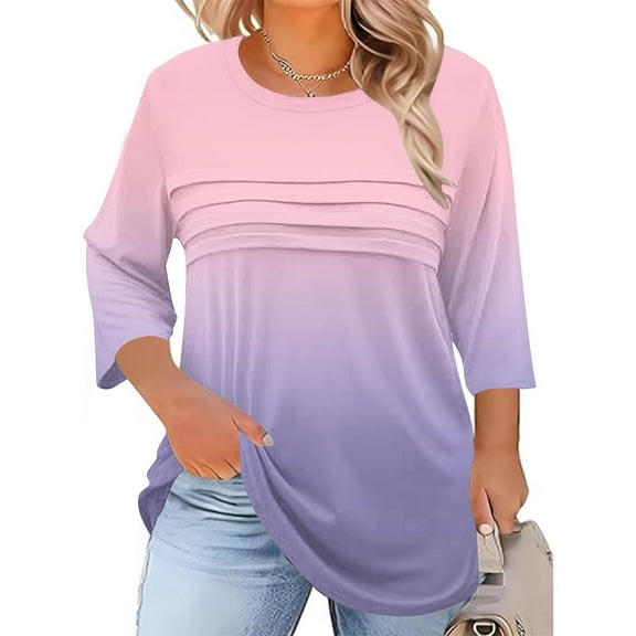 Hanen Women's Plus Size 3/4 Sleeve Tunic Shirt - Striped Printed Crewneck Top with Pleated Hem, Lightweight Soft Fall Blouse (Loose Fit Gradient Color Casual Tee)