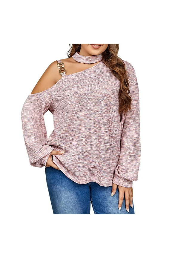 Women's Plus Size Cold Shoulder Cable Knit Sweater - Halter Neck Long Sleeve Pullover with Metal Buckle Strap, Slanted Shoulder Solid Color Loose Knitwear Top