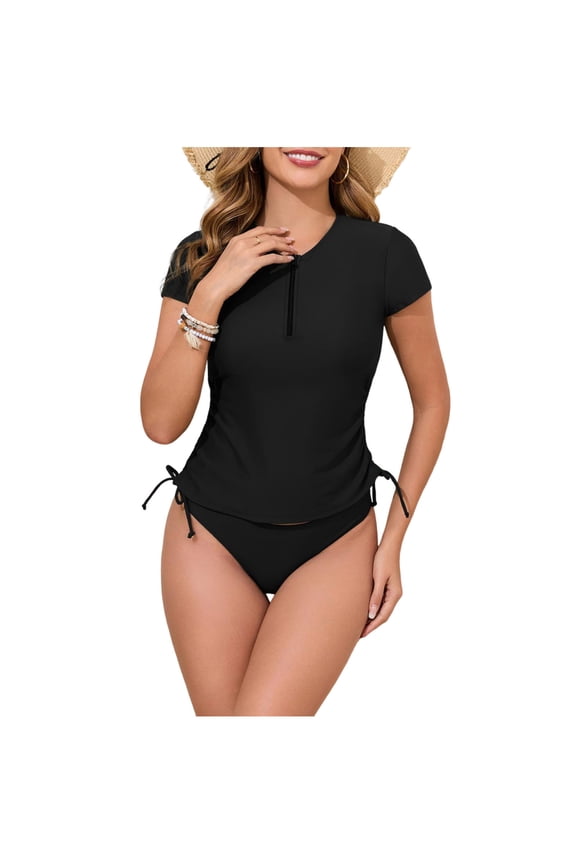 Women's UPF 50+ Short Sleeve Rash Guard Swim Tops - 1/4 Zip Ruched Performance Shirts with/without Built-in Bra, UV Sun Protection Swimwear