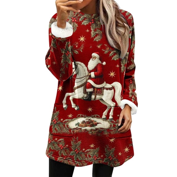 Hanen Womens Christmas Round Neck Sweatshirt Boutique Top Long Sleeve Printed Shirt Dress Loose Fit Pullover Tops with Pockets Holiday Tunic Dress